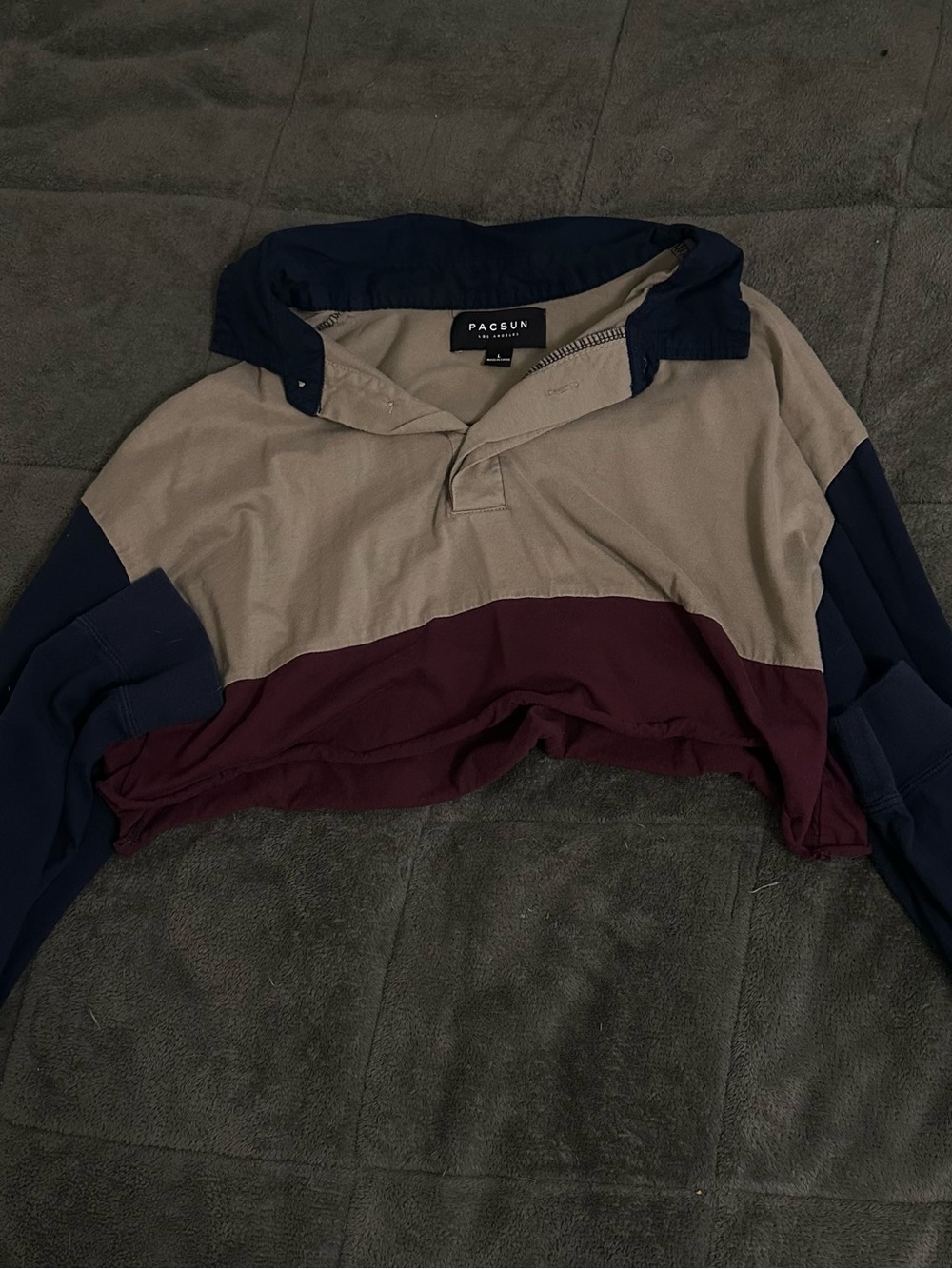 PacSun Men’s Colorblock Zip-Up Rugby Sweater in Beige, Navy & Burgundy